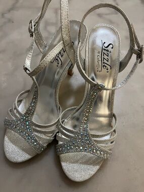 Silver Sparkly T-Strap Heels